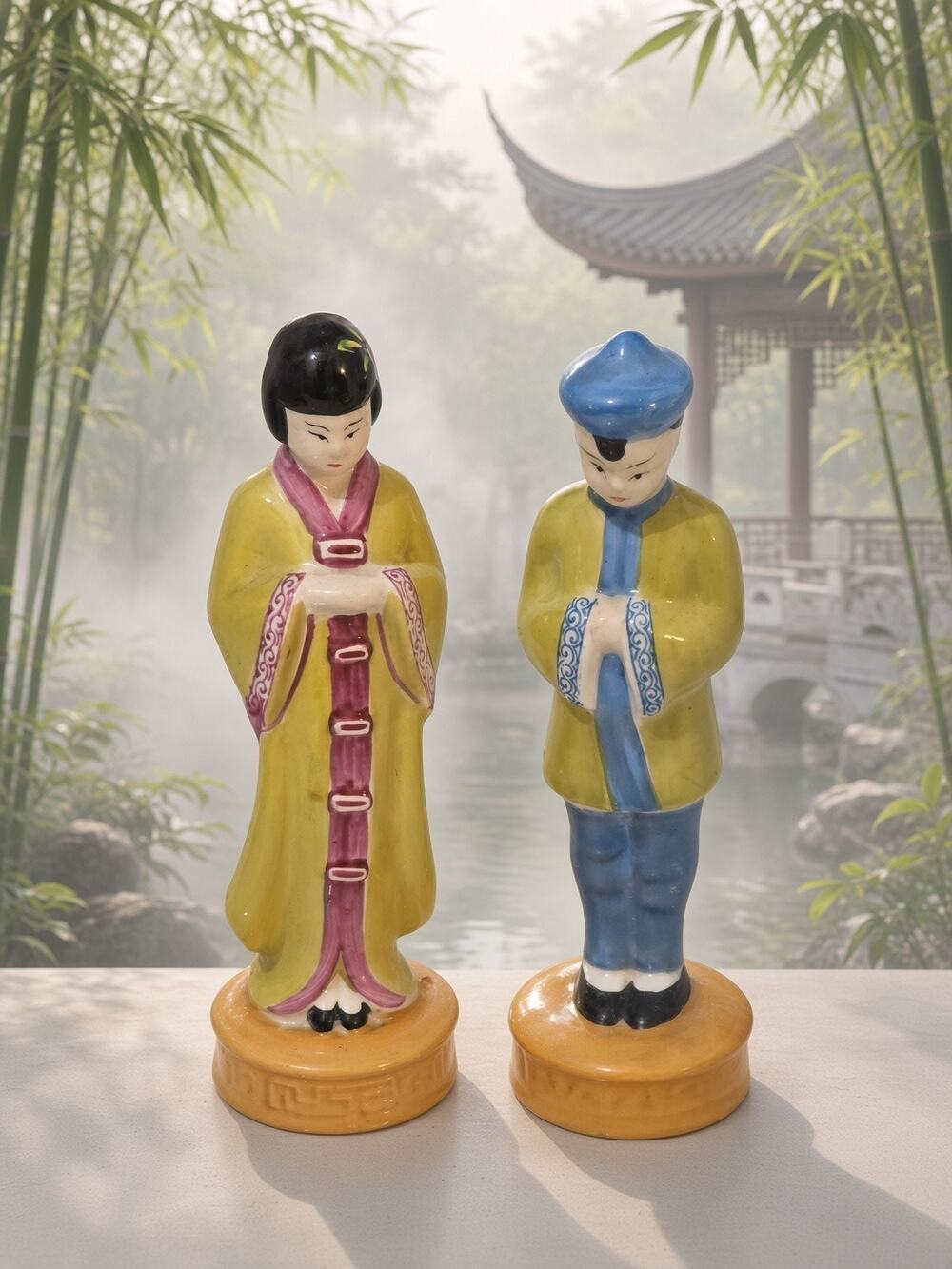 Moriyama Occupied Japan pair of Figurines Japanese Couple, 7.5" tall